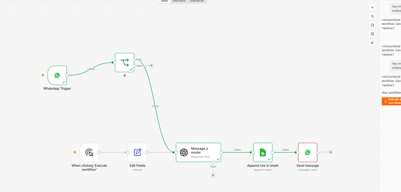 n8n workflow: WhatsApp trigger, Gemini AI reply, Google Sheets logging and WhatsApp send